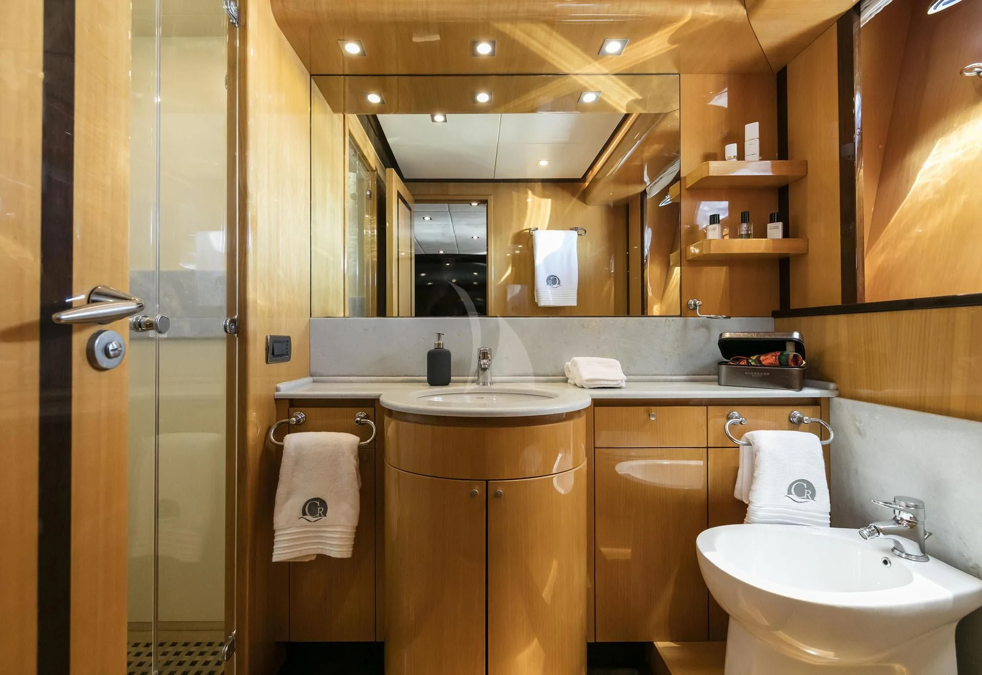 a bathroom with a sink and a mirror aboard CAN'T REMEMBER Yacht for Sale