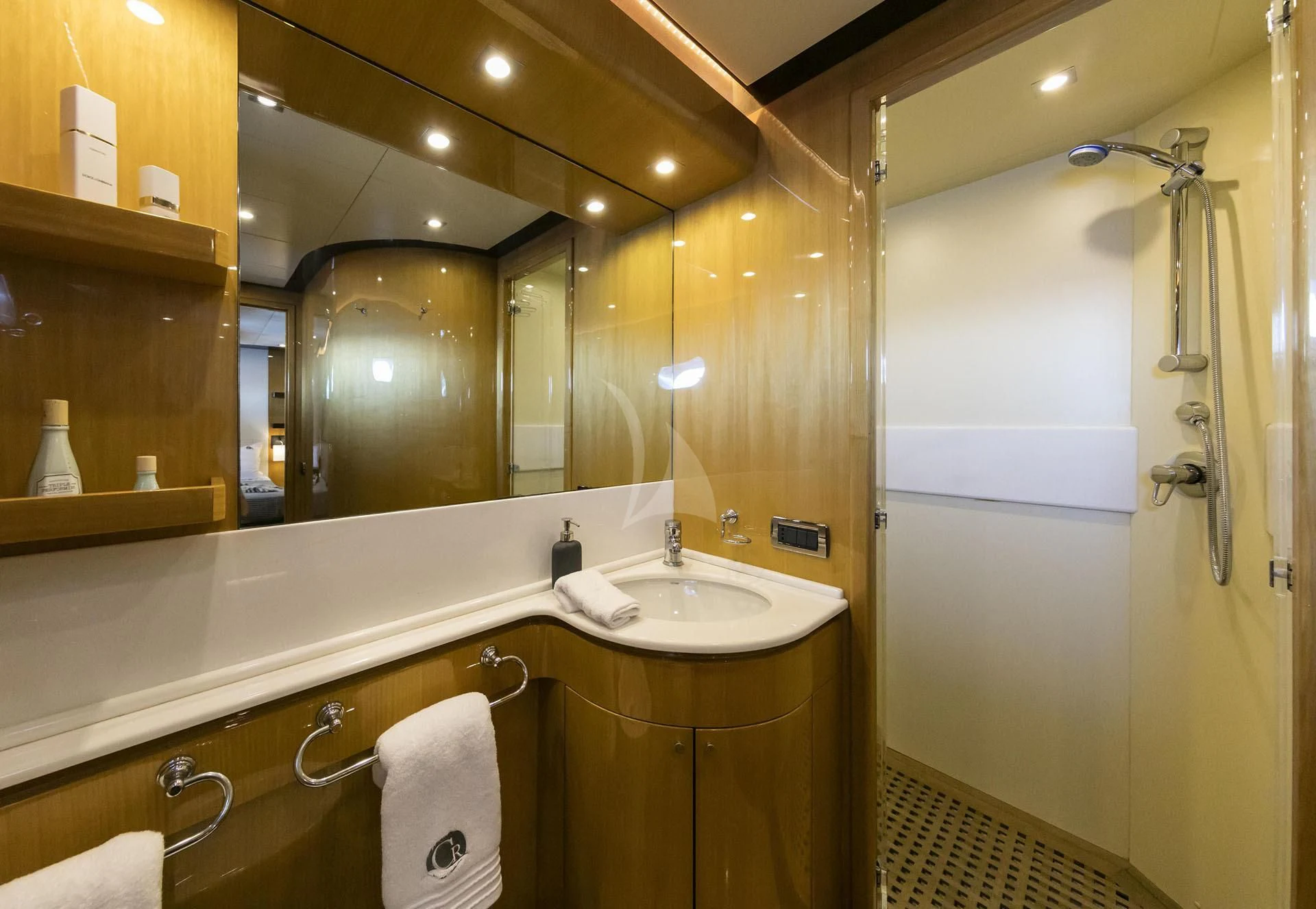a bathroom with a large mirror aboard CAN'T REMEMBER Yacht for Sale