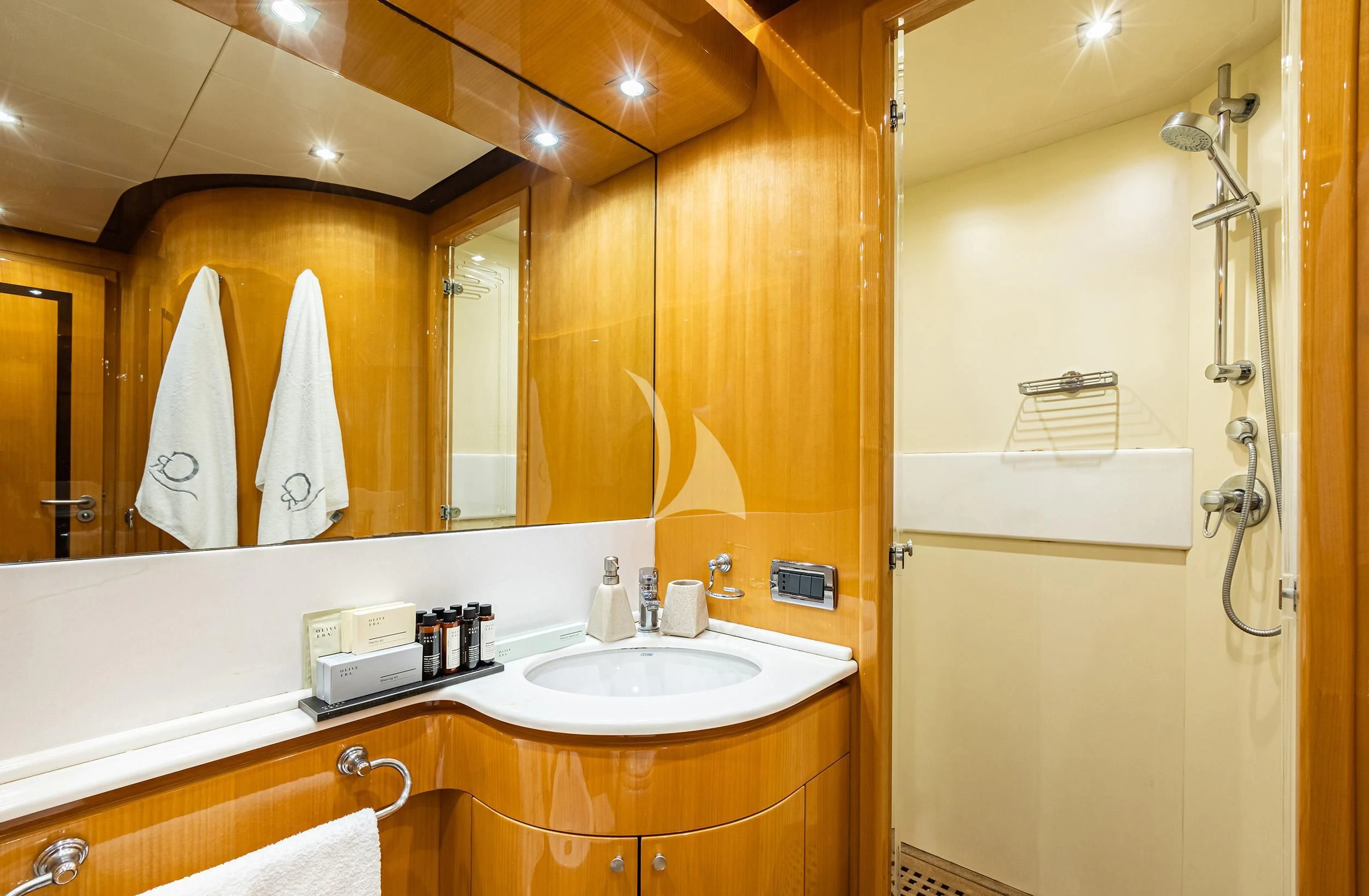 a bathroom with a large mirror aboard CAN'T REMEMBER Yacht for Sale