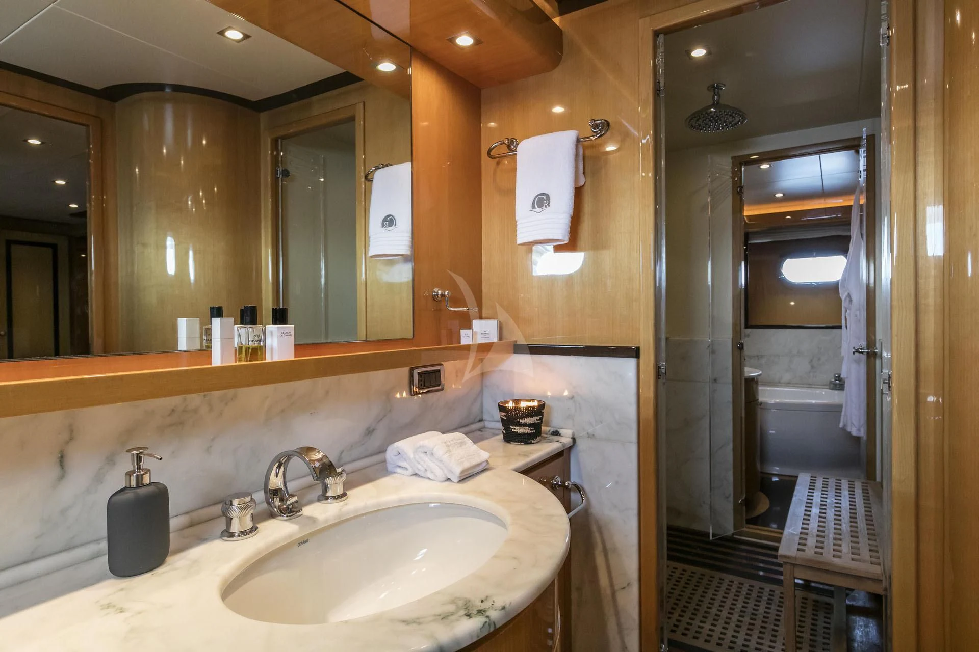 a bathroom with a sink and a mirror aboard CAN'T REMEMBER Yacht for Sale