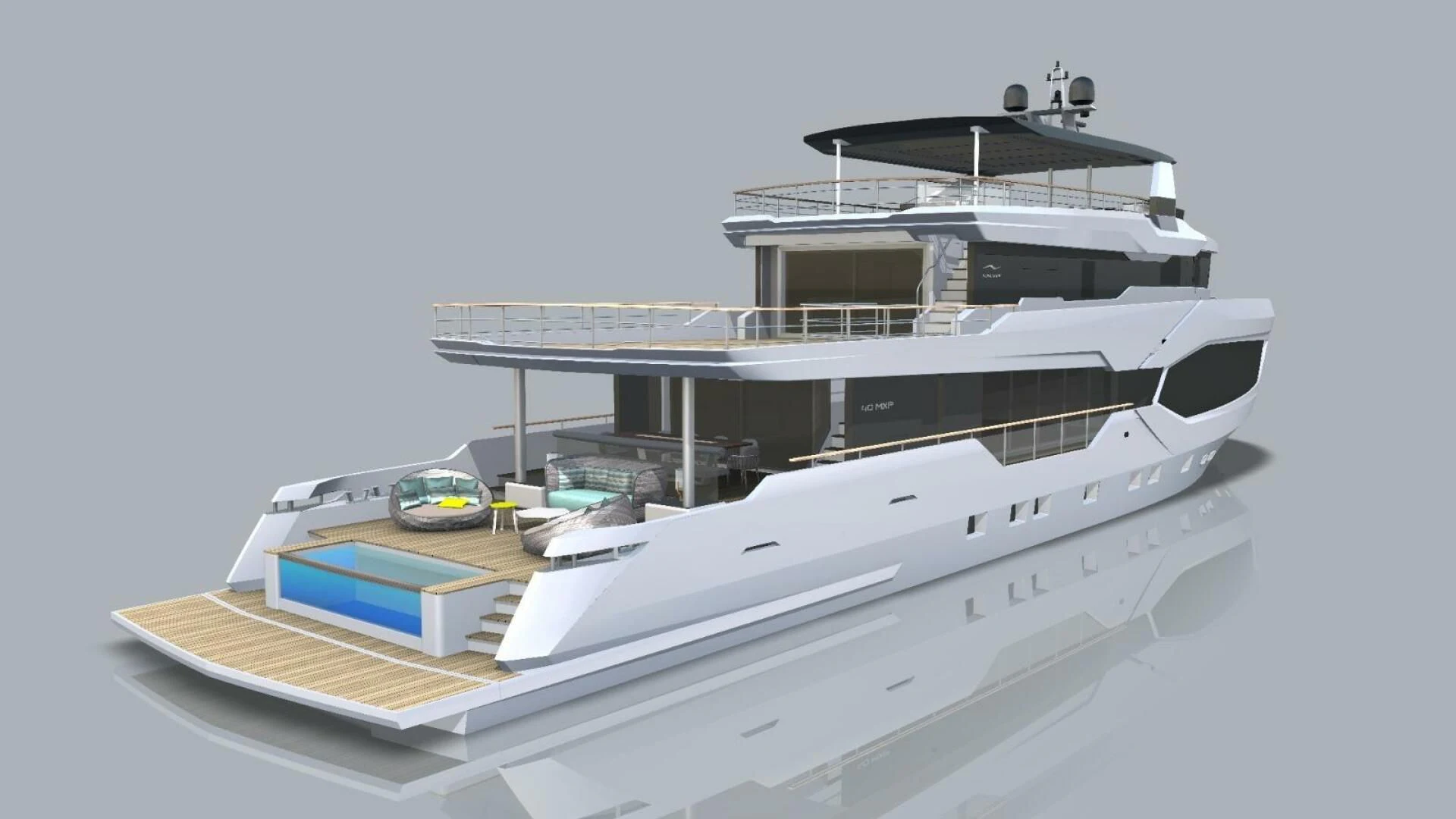 a white boat with a blue roof aboard NUMARINE 40MXP/17 Yacht for Sale