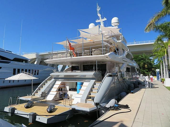 a large white boat docked aboard DELIBERATELY LUCKY Yacht for Sale