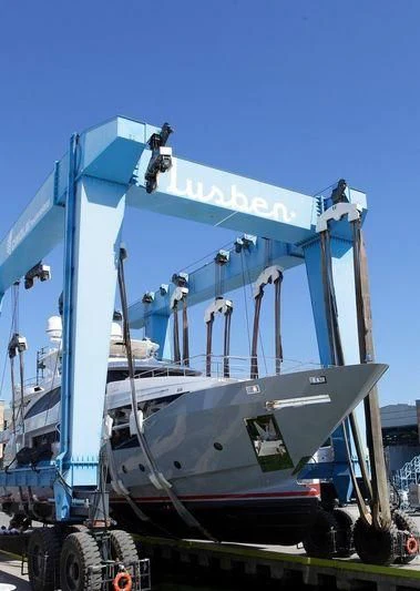 a large boat on a trailer aboard DELIBERATELY LUCKY Yacht for Sale
