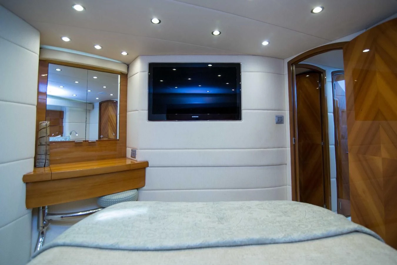 a bed in a room aboard PREDATOR Yacht for Sale