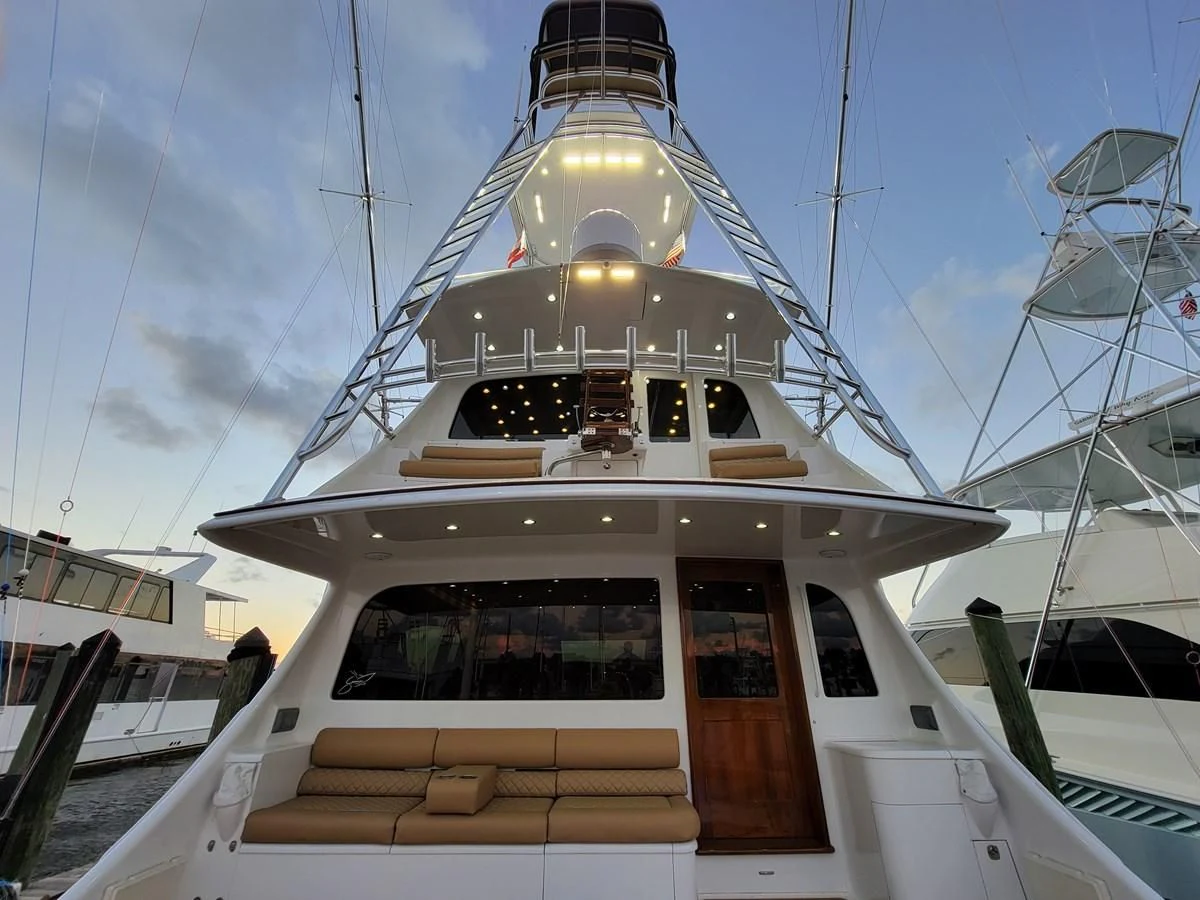 a white boat with a light on it aboard PREDATOR Yacht for Sale