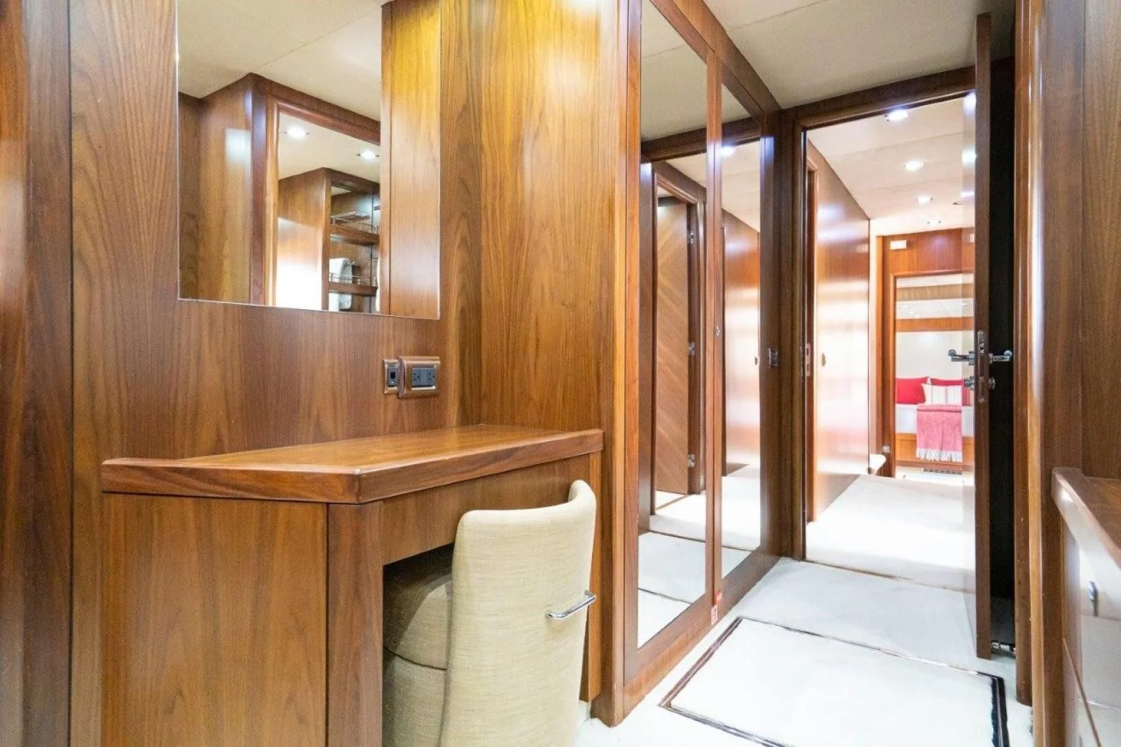 a bathroom with a large mirror aboard SKY FALL Yacht for Sale