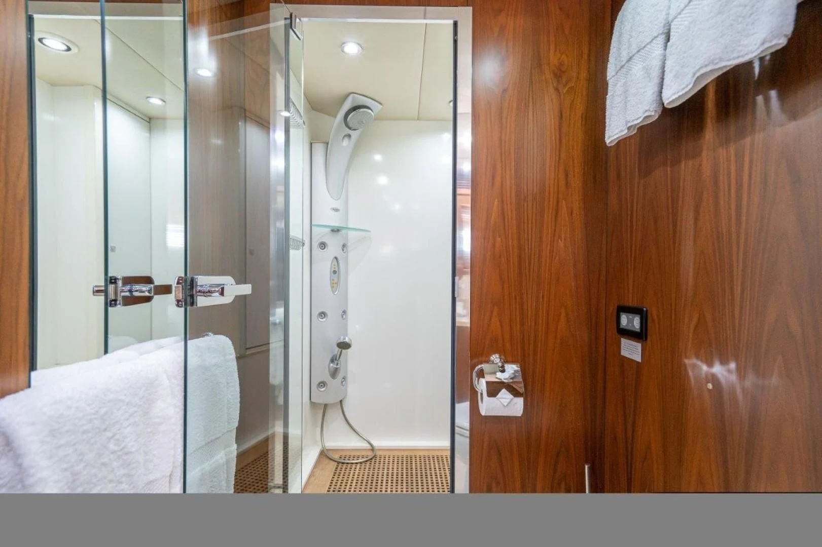 a bathroom with a shower and a sink aboard SKY FALL Yacht for Sale