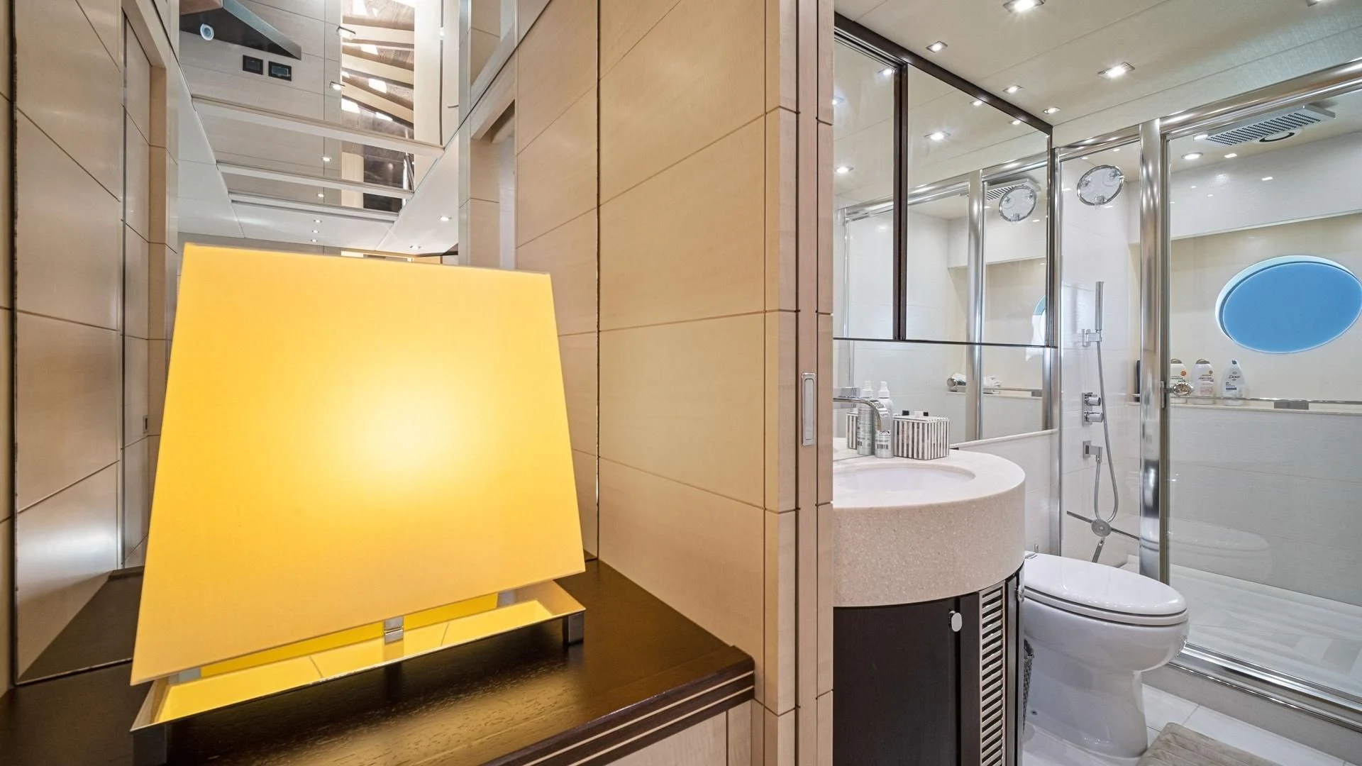 a bathroom with a sink toilet and a shower unit aboard WOODEVER Yacht for Sale