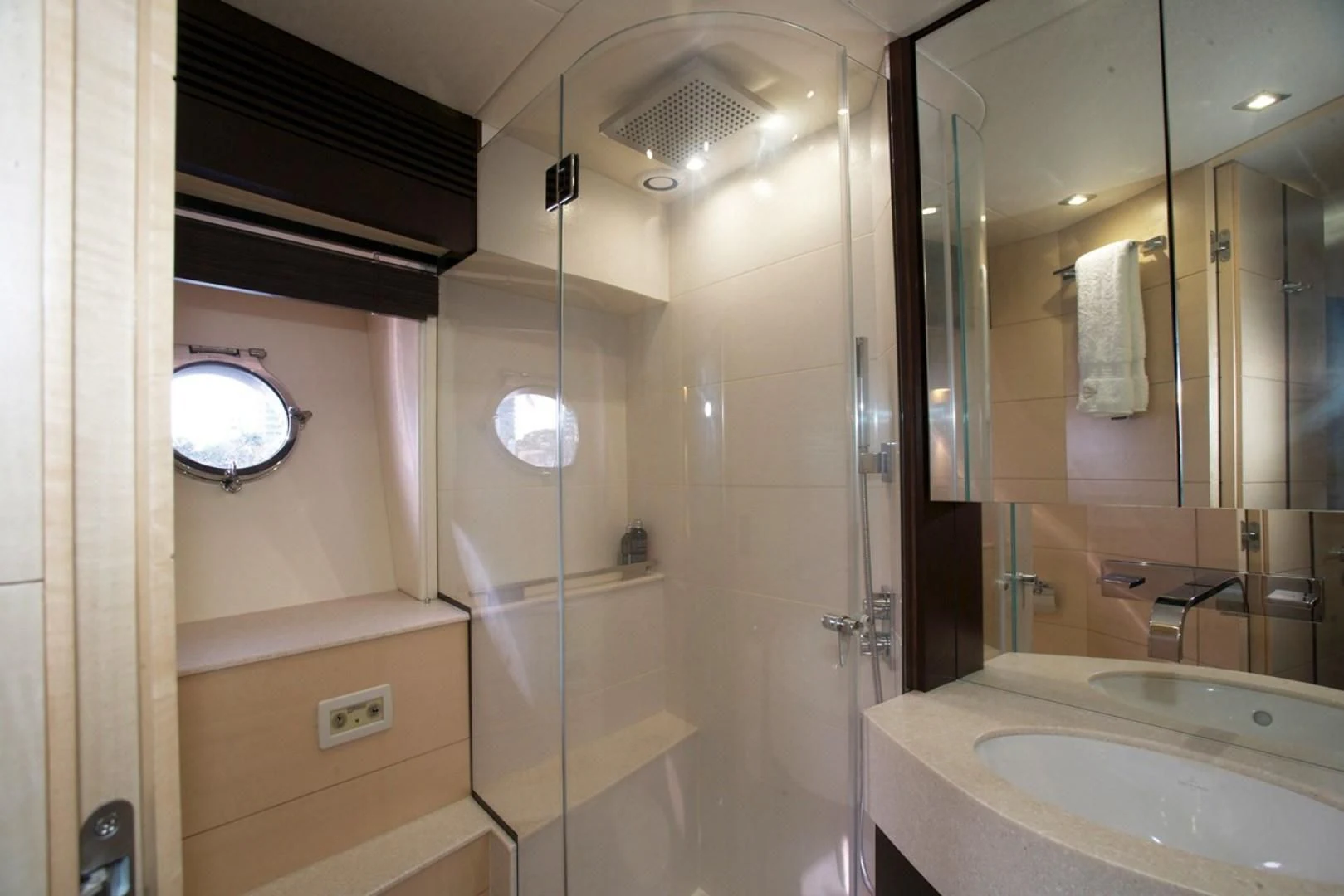 a bathroom with a shower unit aboard WOODEVER Yacht for Sale