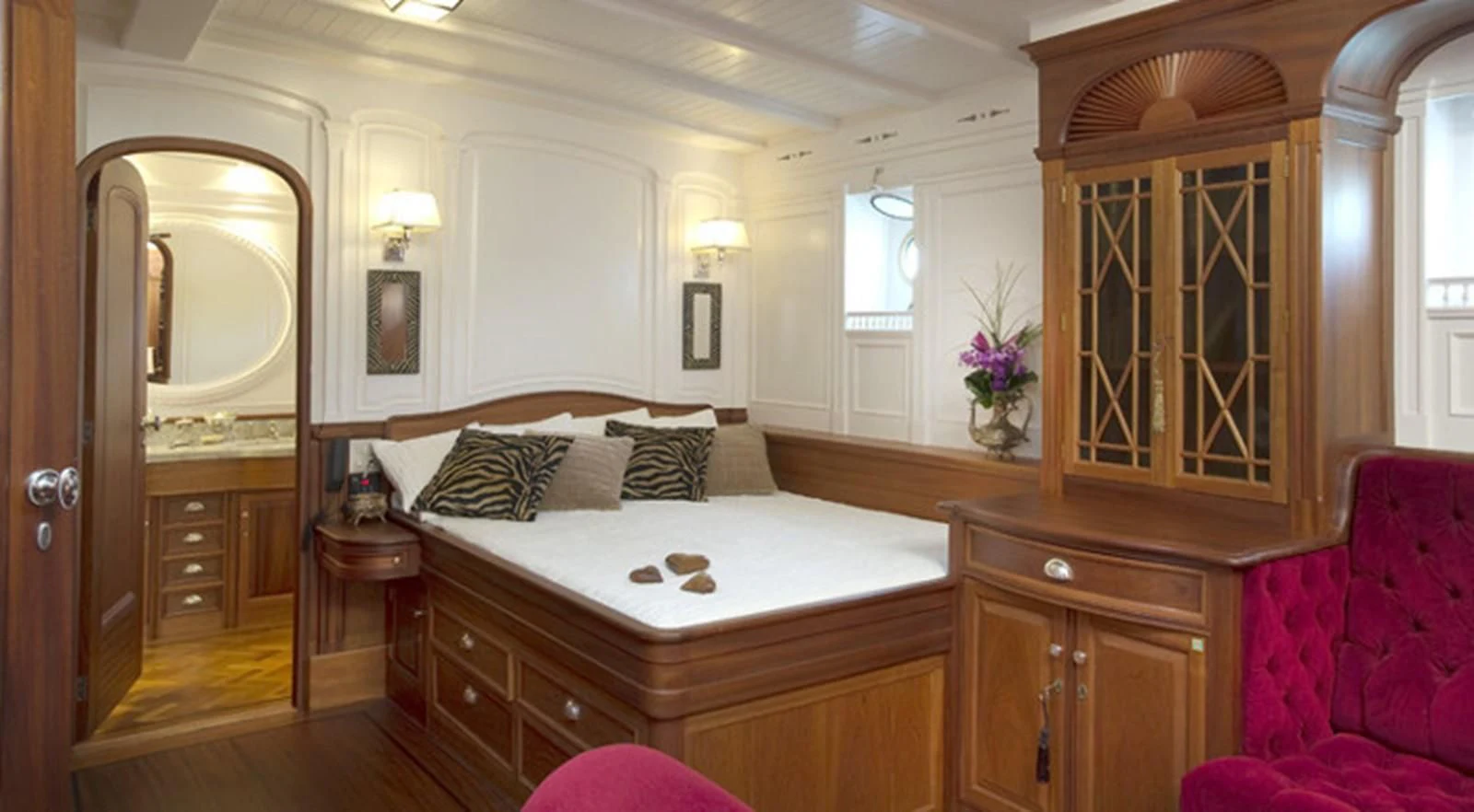 a bed in a room aboard ATLANTIC Yacht for Charter