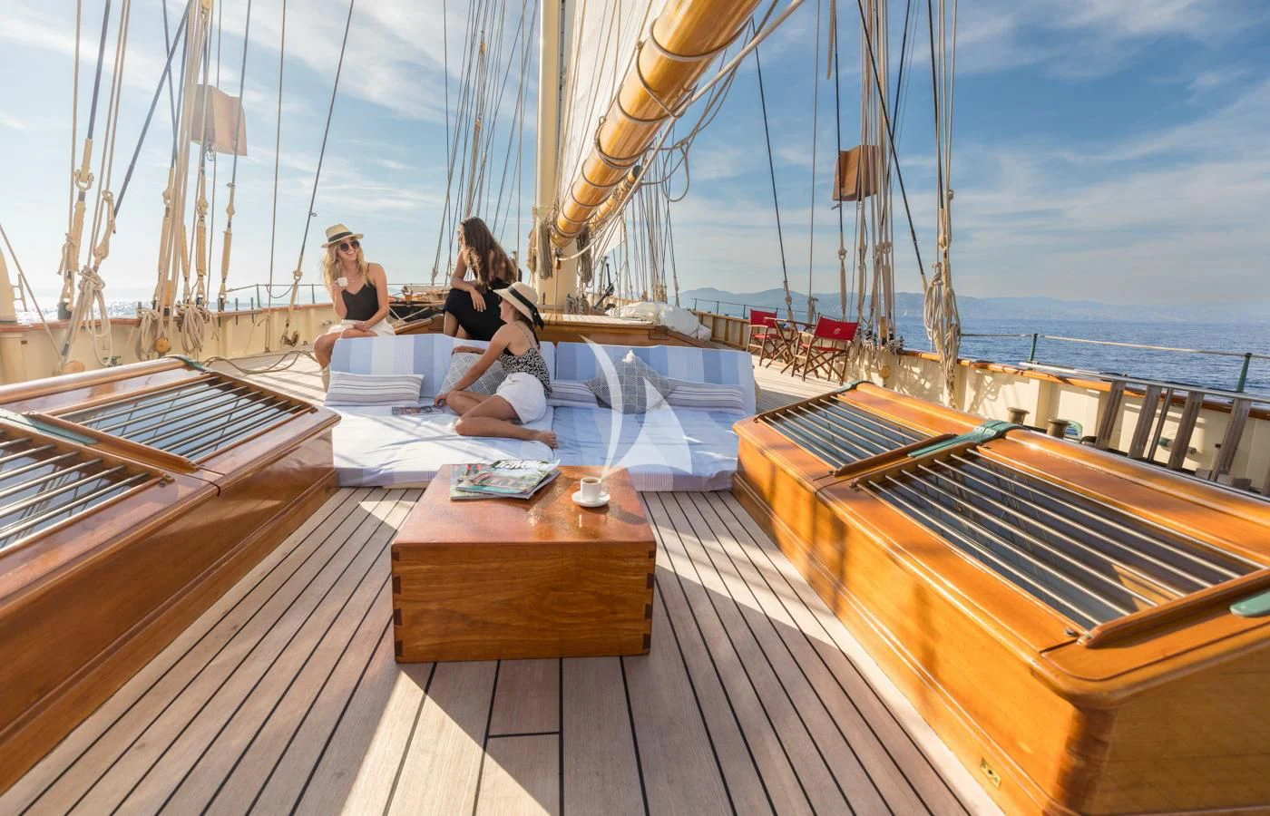 a group of women sitting on a boat aboard ATLANTIC Yacht for Charter