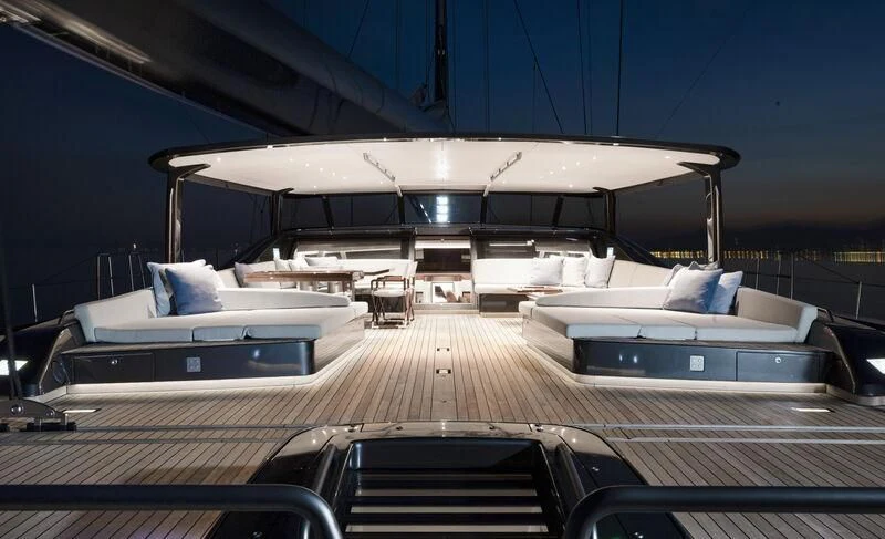 a deck with a boat on it aboard NILAYA Yacht for Sale