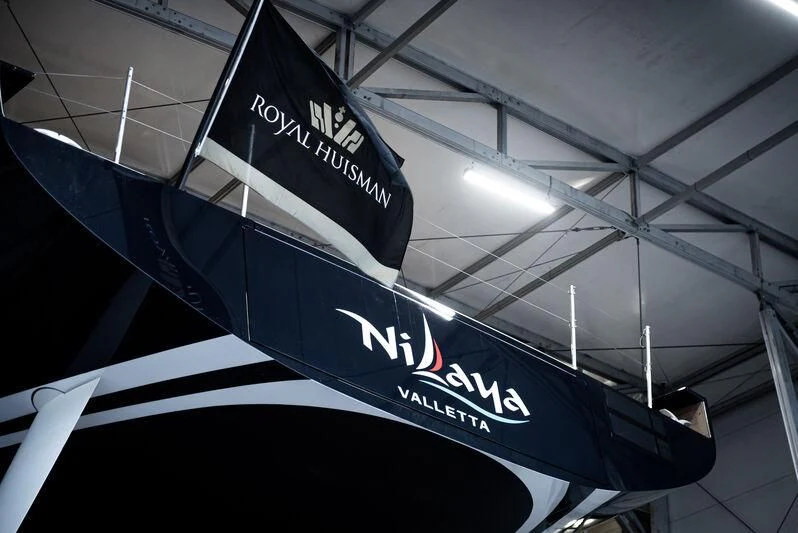 a black and white flag from a ceiling aboard NILAYA Yacht for Sale