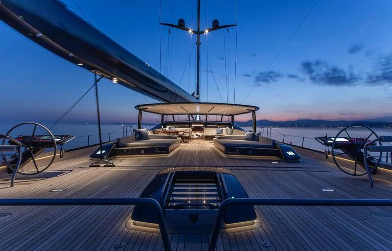 a deck with a boat on it aboard NILAYA Yacht for Sale