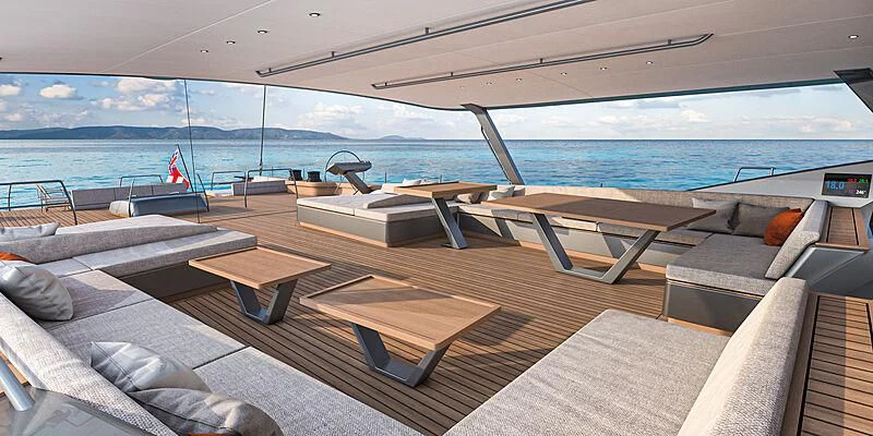a deck with a view of the ocean and the ocean aboard NILAYA Yacht for Sale