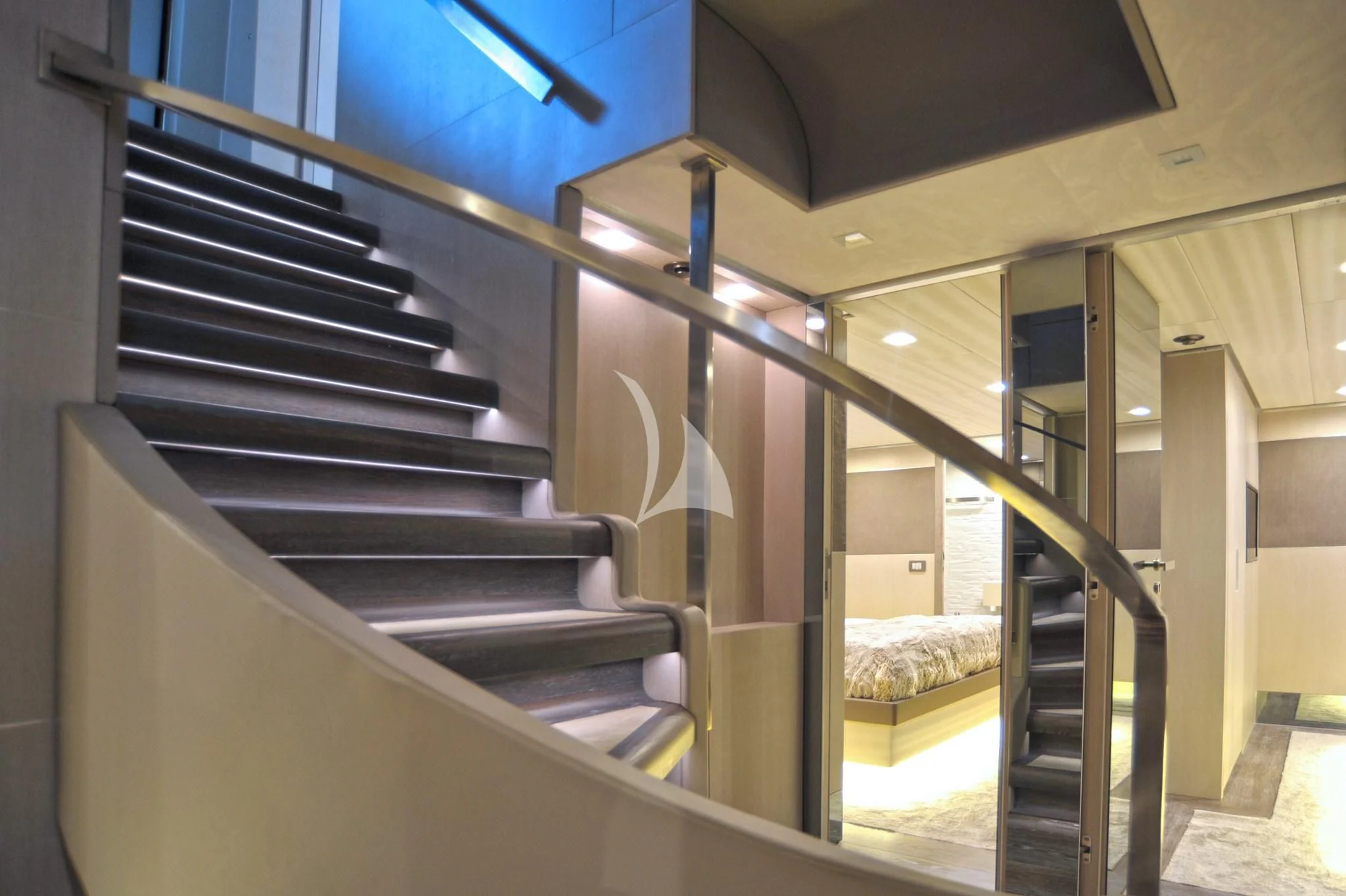 a set of stairs in a building aboard IROCK Yacht for Sale