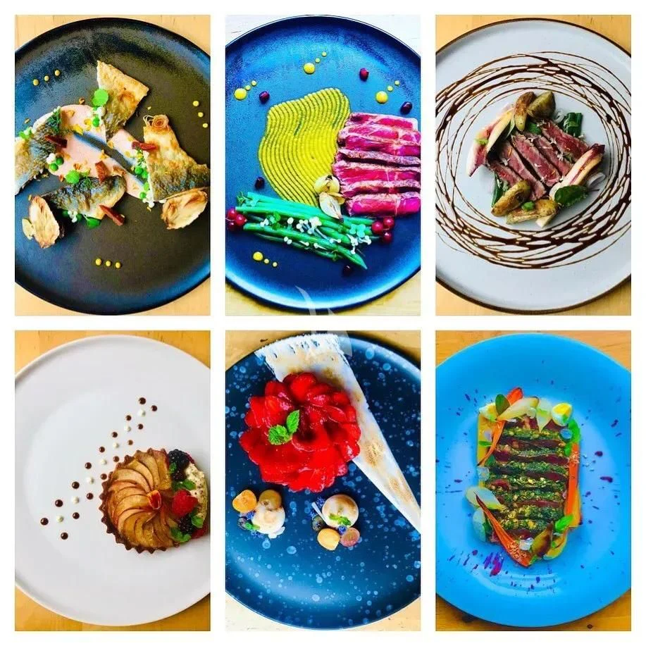 a collage of a bowl of food aboard IROCK Yacht for Sale