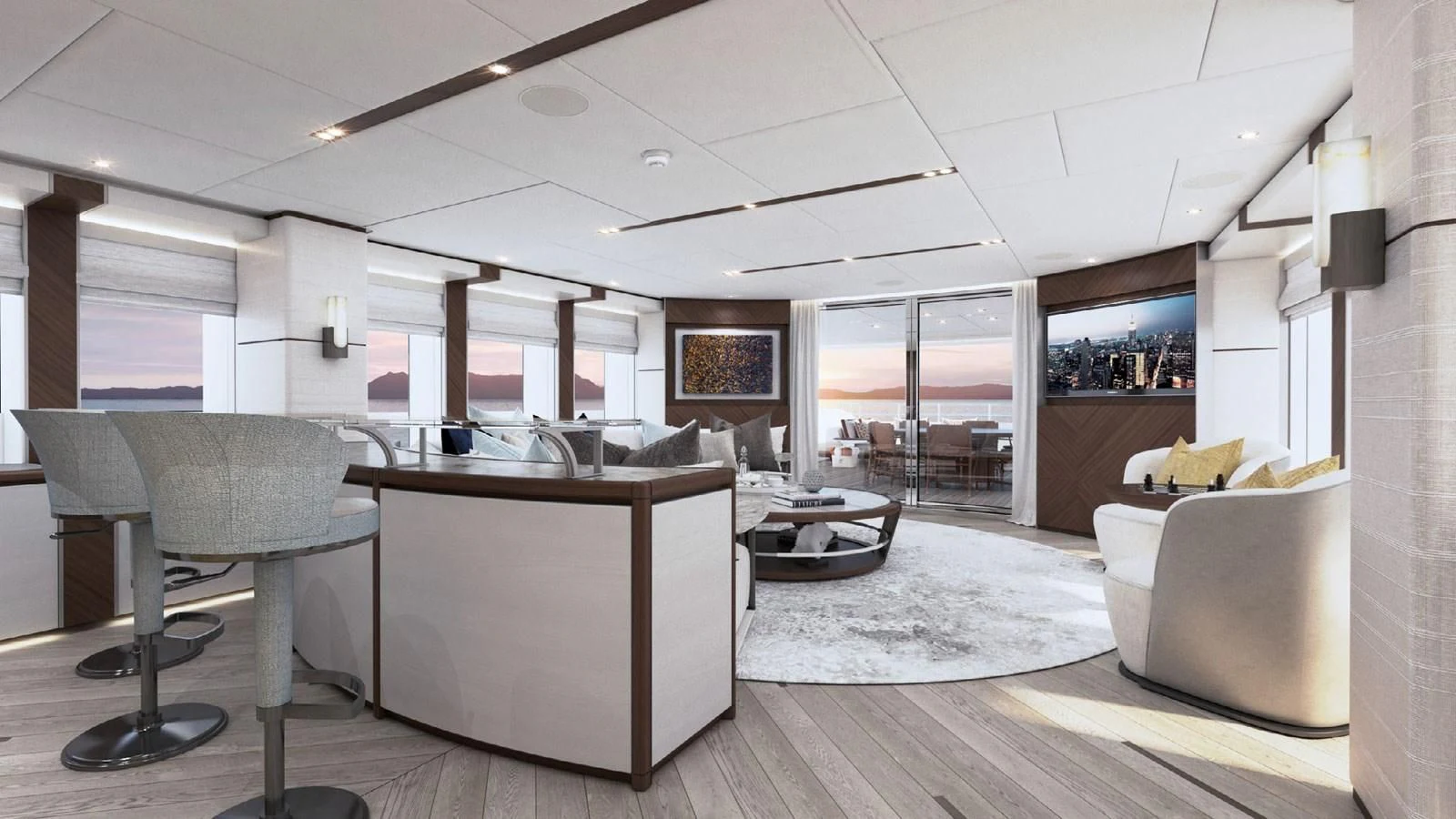 a large living room with a large window aboard INFINITY Yacht for Sale