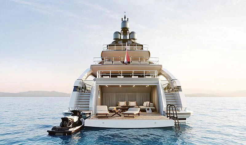 a large white boat on the water aboard INFINITY Yacht for Sale
