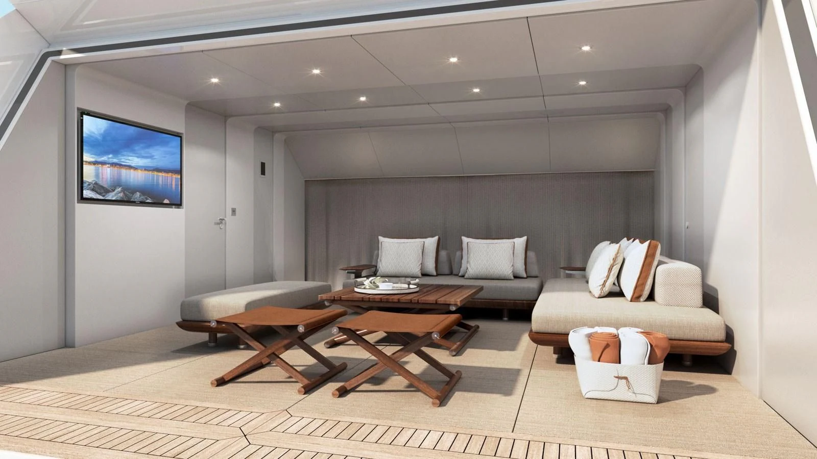 a living room with a large screen aboard INFINITY Yacht for Sale