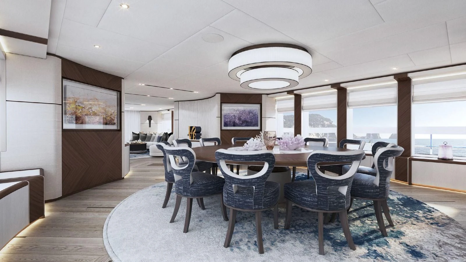 a large room with tables and chairs aboard INFINITY Yacht for Sale