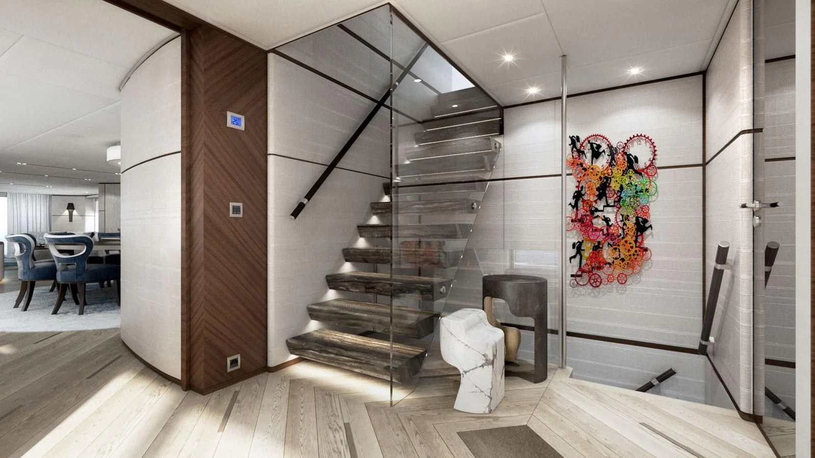 a staircase in a building aboard INFINITY Yacht for Sale