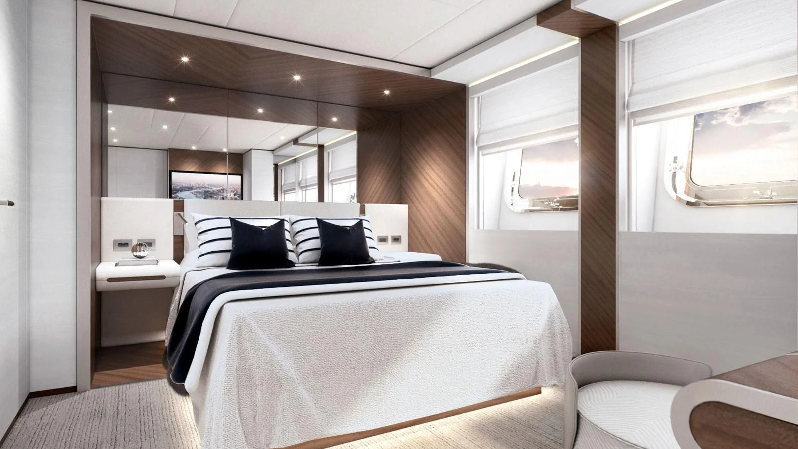 a bed in a room aboard INFINITY Yacht for Sale