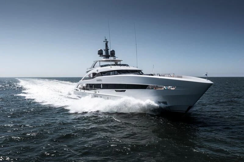 a white yacht on the water aboard INFINITY Yacht for Sale