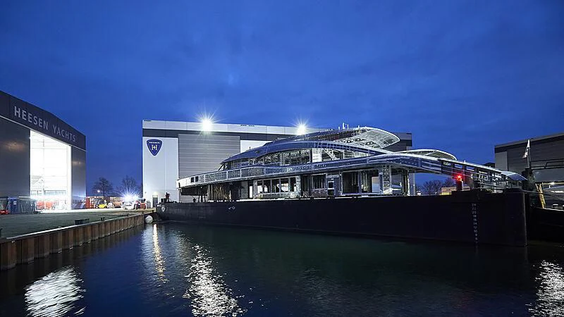 a building with a lit up roof aboard INFINITY Yacht for Sale