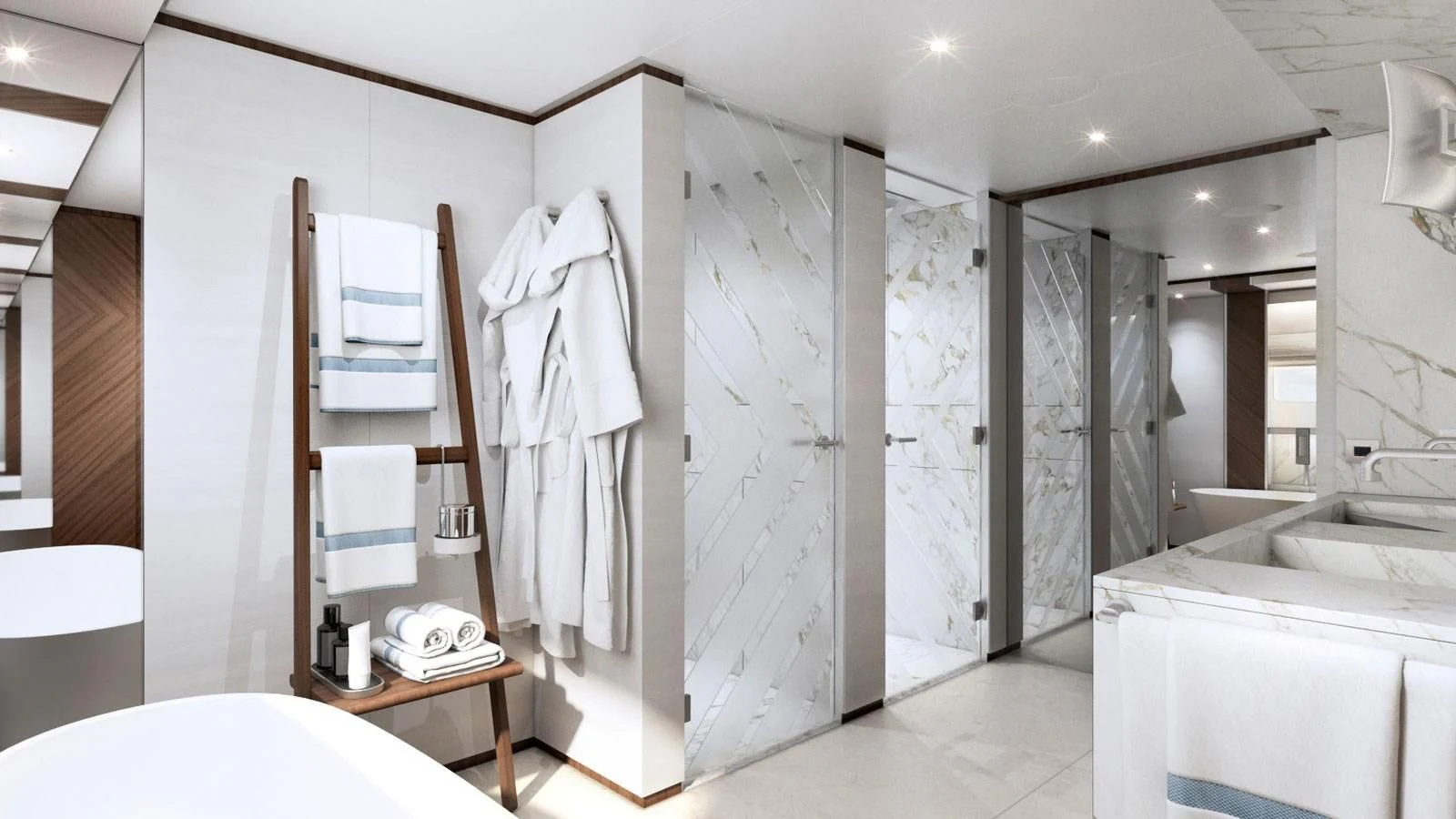a bathroom with a shower and sink aboard INFINITY Yacht for Sale