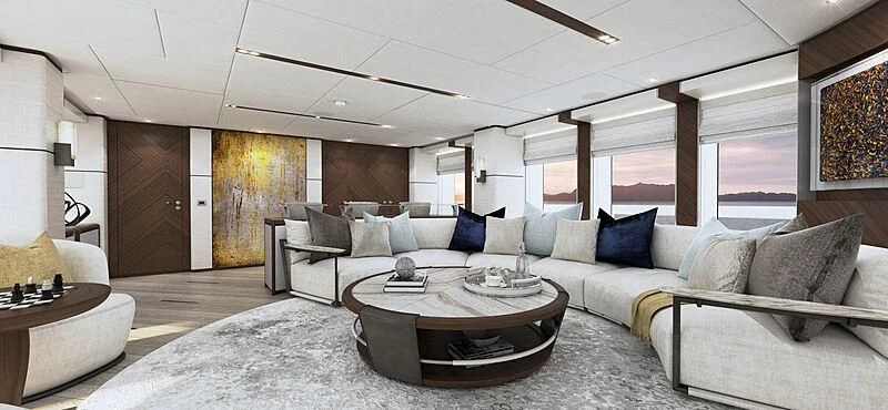 a large living room with a large window aboard INFINITY Yacht for Sale