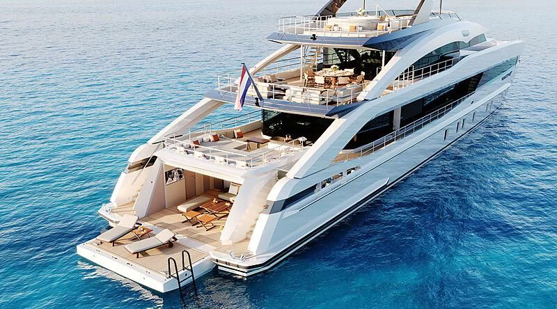 a large white ship aboard INFINITY Yacht for Sale