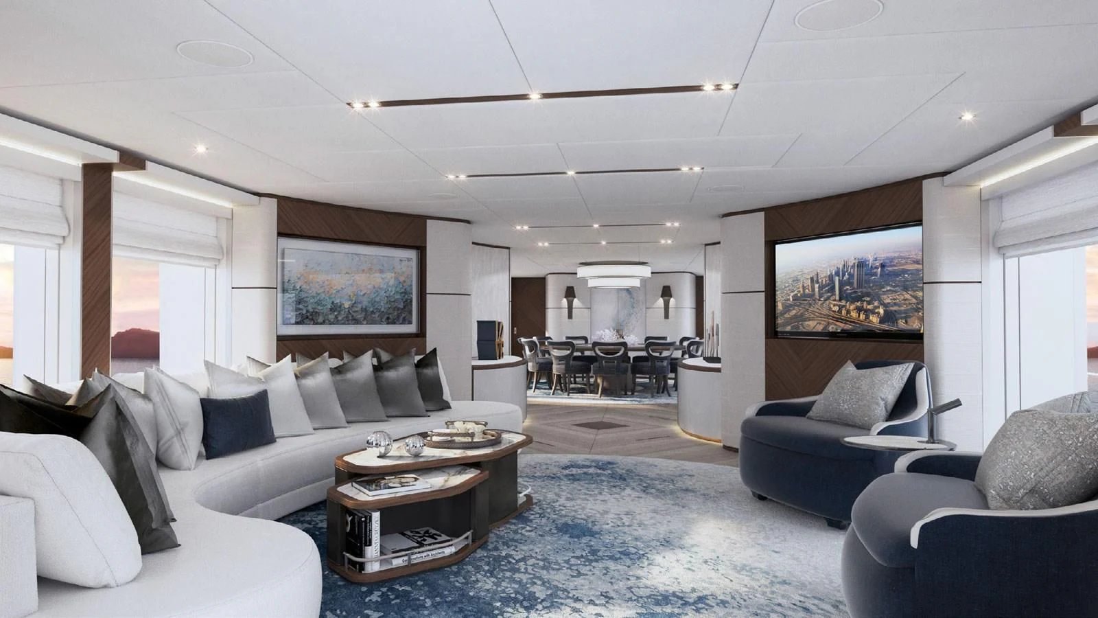 a living room with a blue rug aboard INFINITY Yacht for Sale