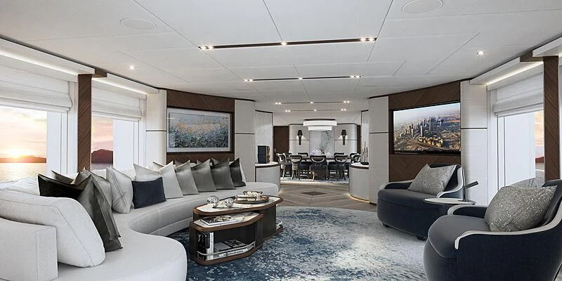 a living room with a large blue rug and a large screen aboard INFINITY Yacht for Sale
