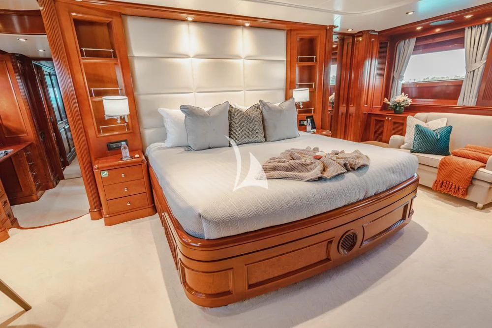 a bed in a room aboard HEAVEN CAN WAIT Yacht for Charter
