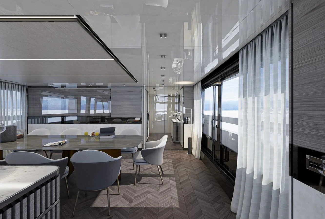 a room with a table and chairs aboard X96 TRIPLEX HULL.4 Yacht for Sale