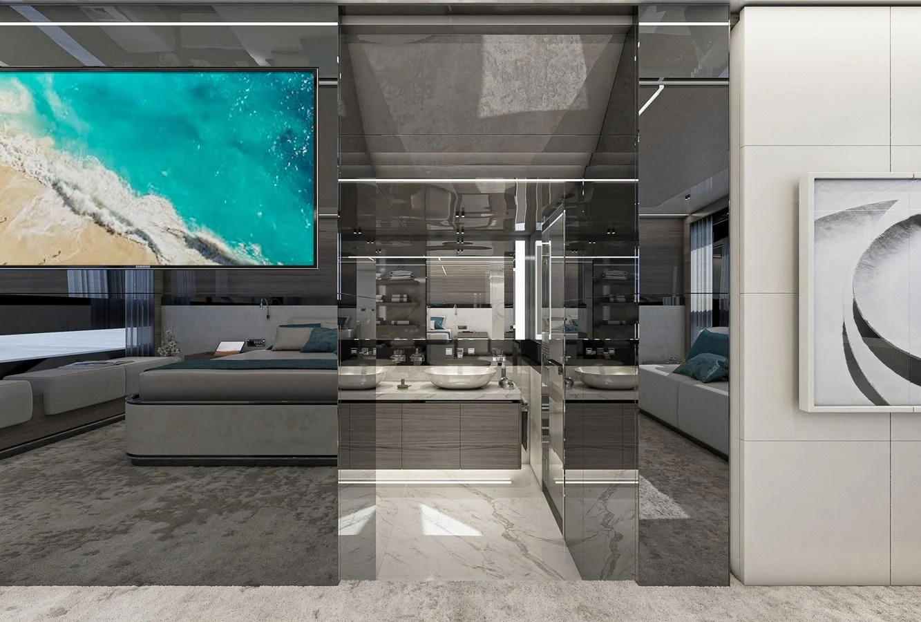 a room with a large window and a couch aboard X96 TRIPLEX HULL.4 Yacht for Sale