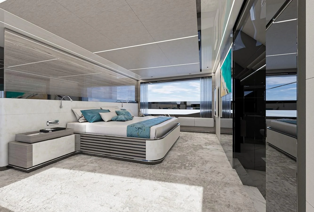 a room with a bed and a window aboard X96 TRIPLEX HULL.4 Yacht for Sale