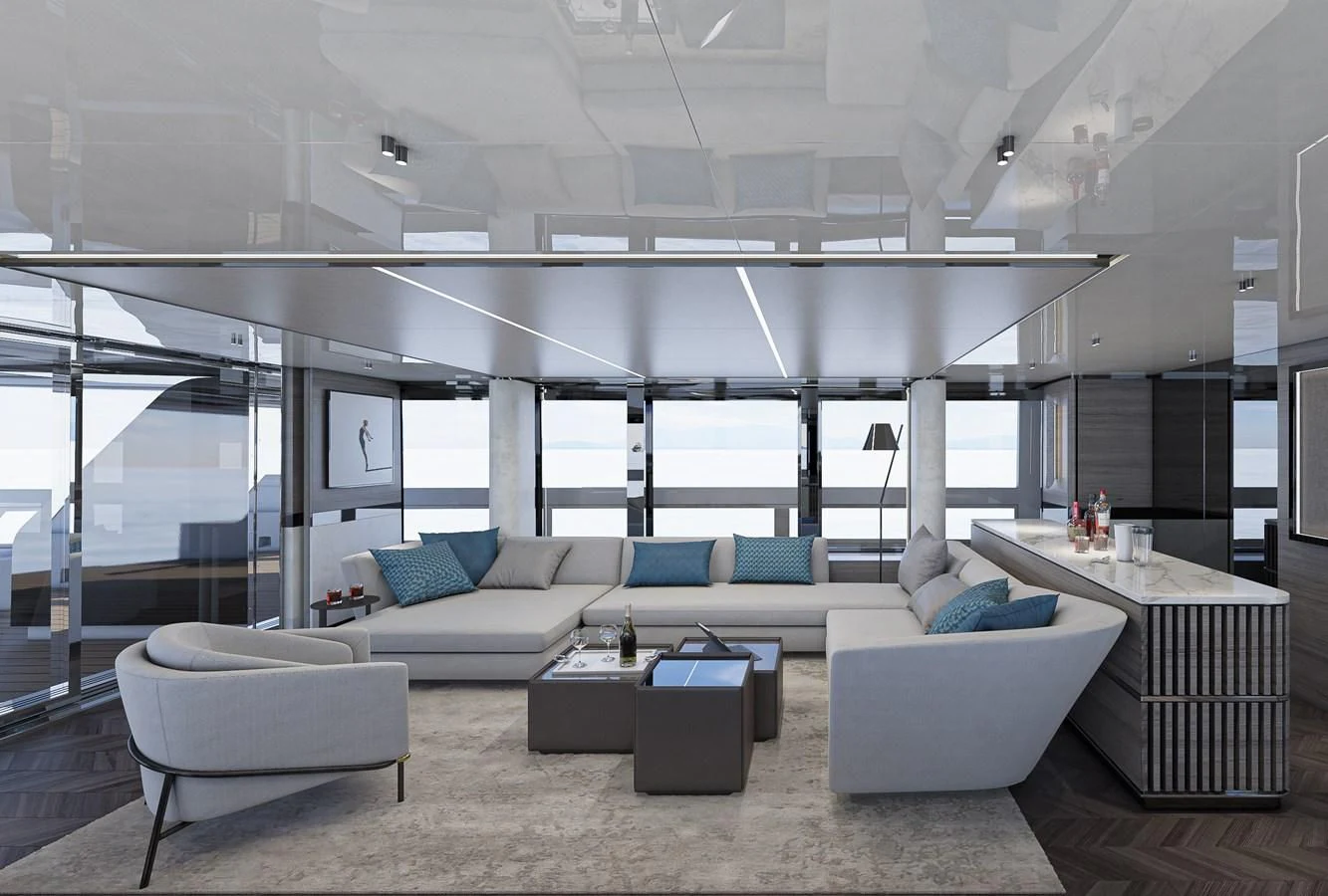 a room with a couch and a table aboard X96 TRIPLEX HULL.4 Yacht for Sale