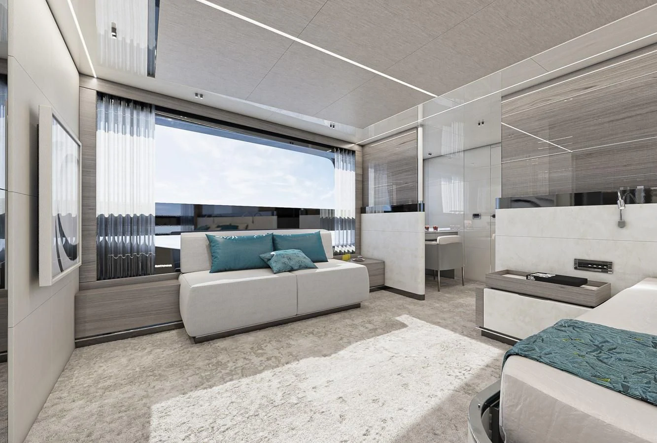 a modern looking bedroom with a large window aboard X96 TRIPLEX HULL.4 Yacht for Sale