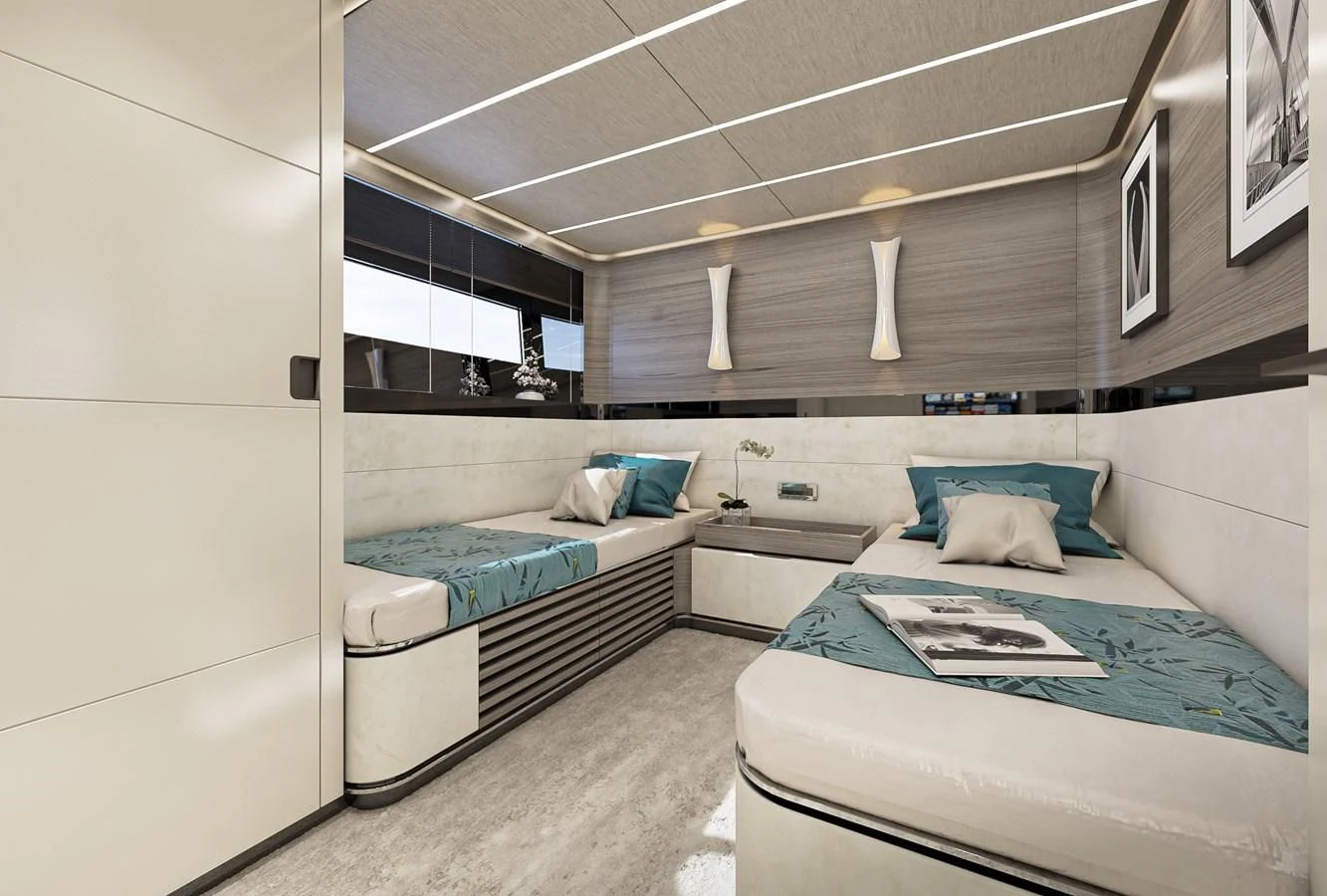 a room with two beds aboard X96 TRIPLEX HULL.4 Yacht for Sale
