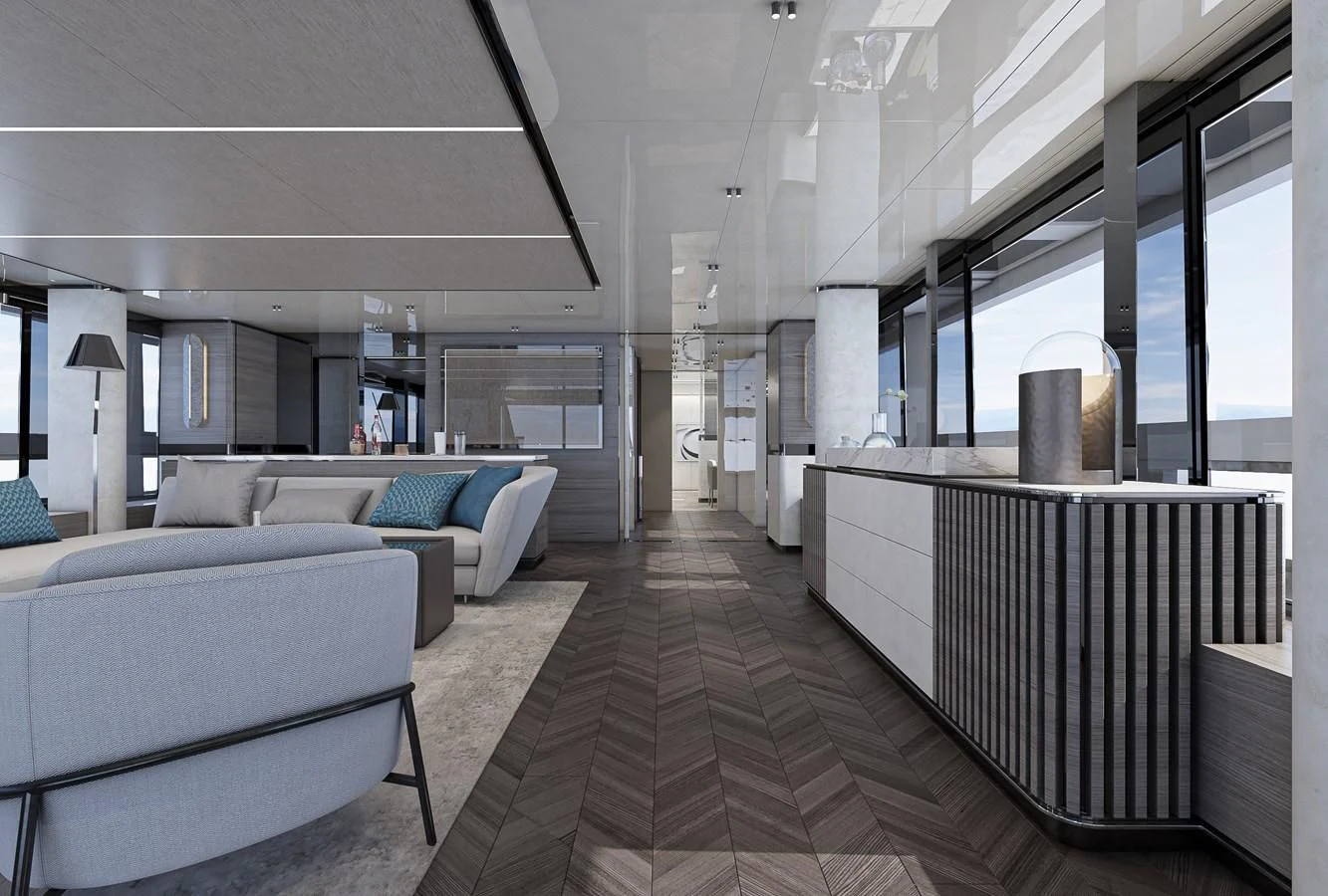a large room with a couch and a table aboard X96 TRIPLEX HULL.4 Yacht for Sale
