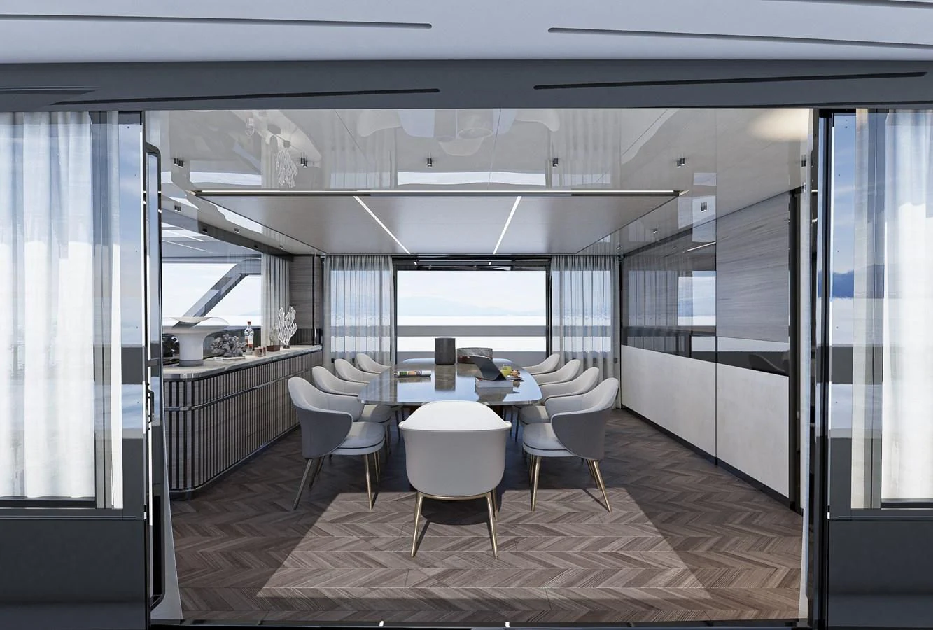 a room with a table chairs and a large window aboard X96 TRIPLEX HULL.4 Yacht for Sale