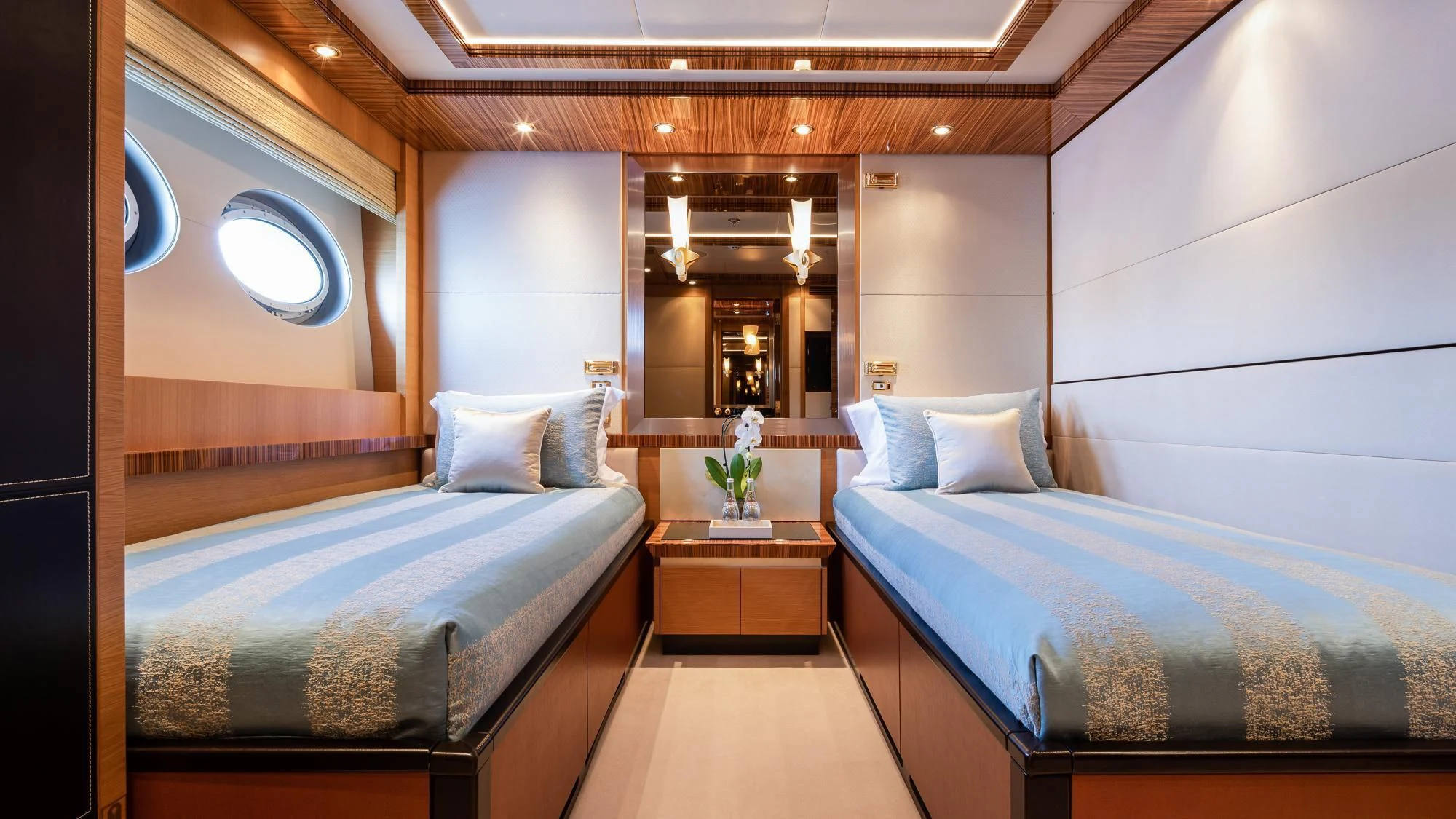 a room with two beds aboard HOKULANI Yacht for Sale