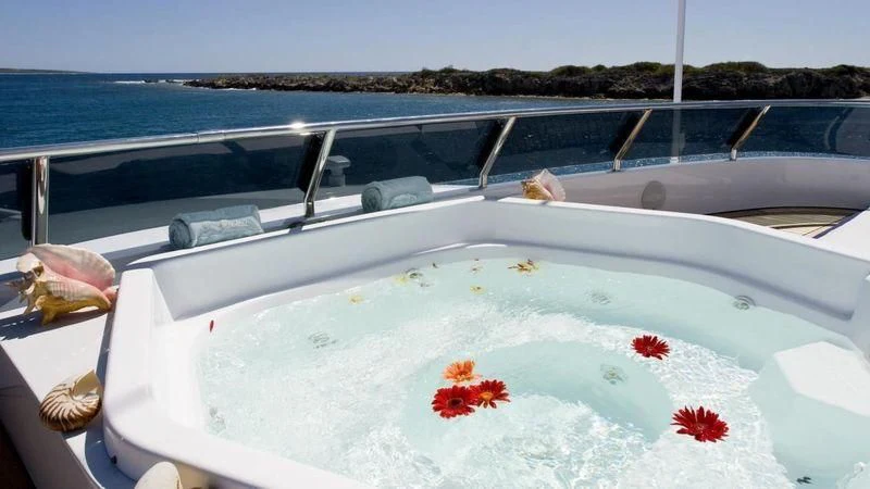 a white boat with red flowers on the front aboard TE MANU Yacht for Charter