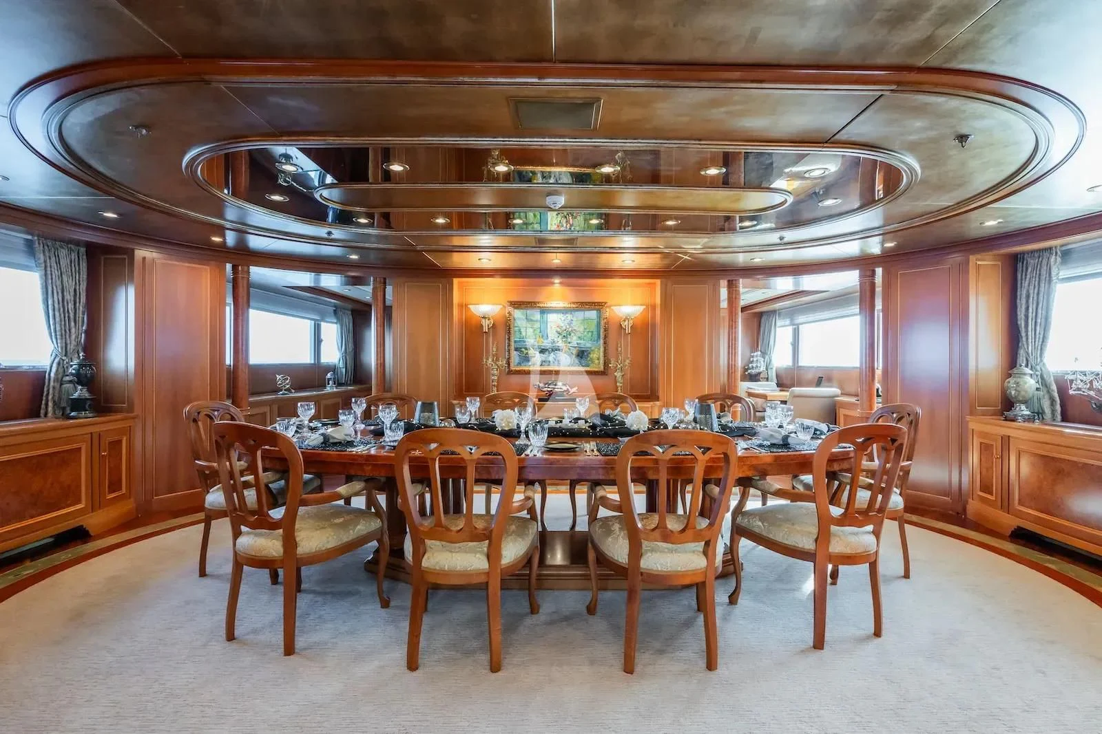 a large dining room table aboard TE MANU Yacht for Charter