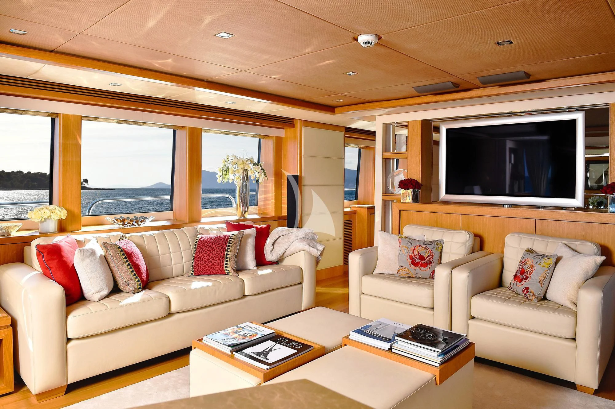 a living room with a couch and a tv aboard TENACITY Yacht for Sale