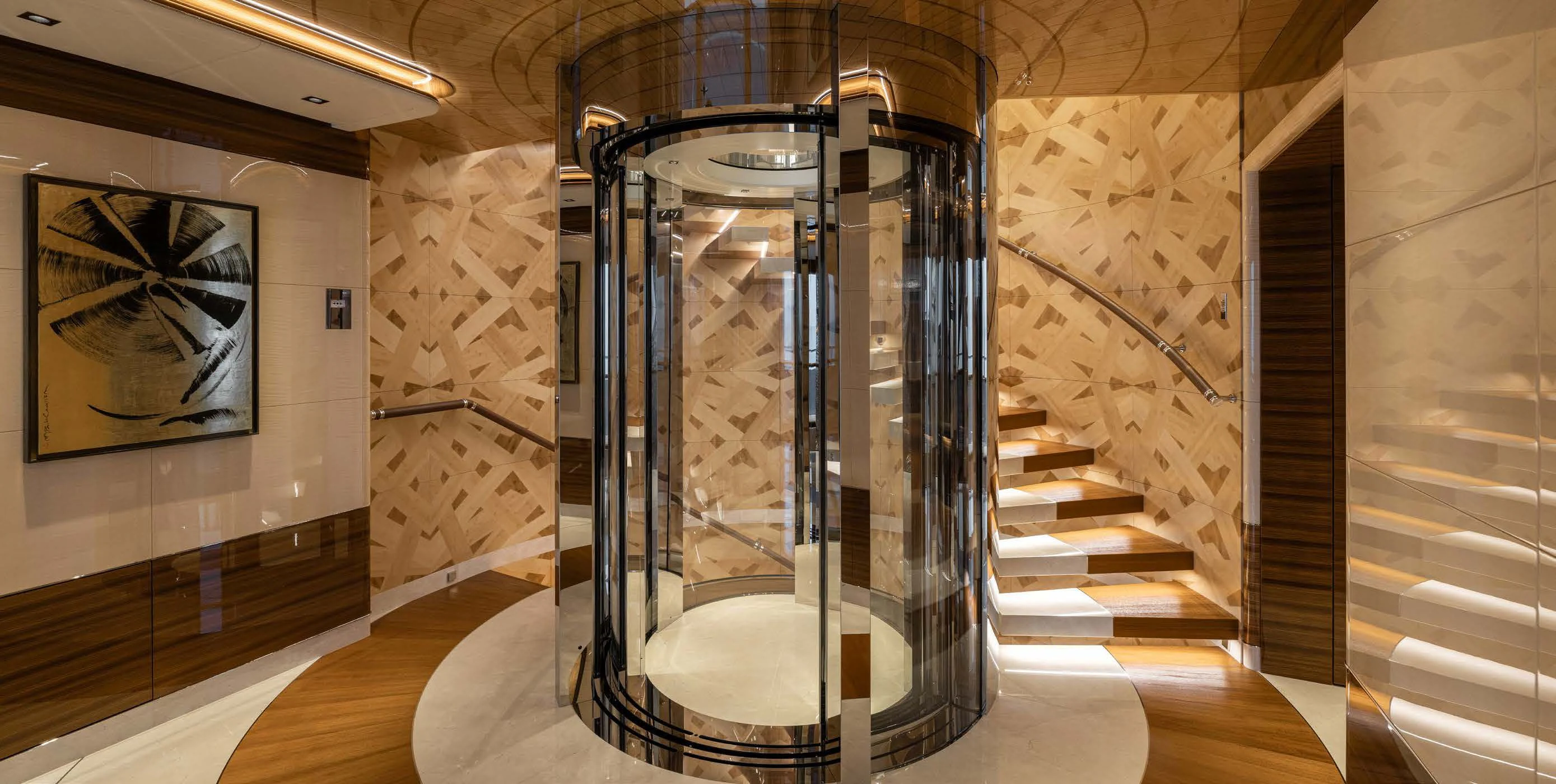 a room with a staircase and glass walls aboard ENERGY Yacht for Sale