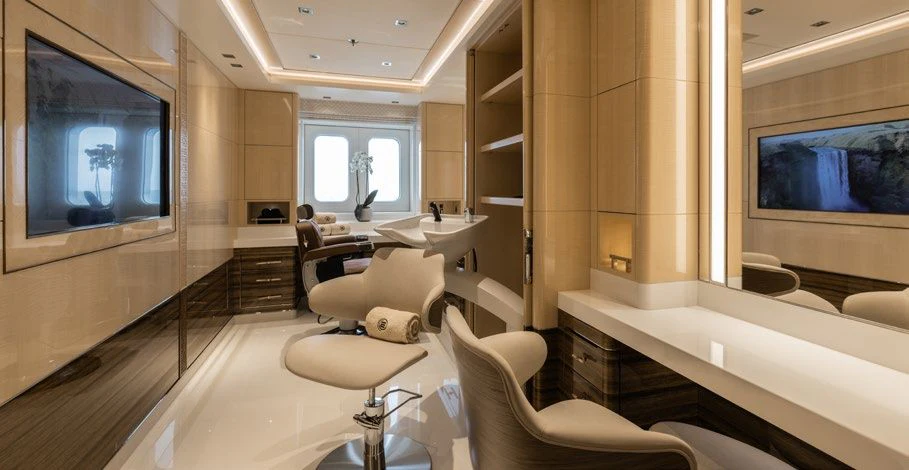 a modern looking bathroom aboard ENERGY Yacht for Sale