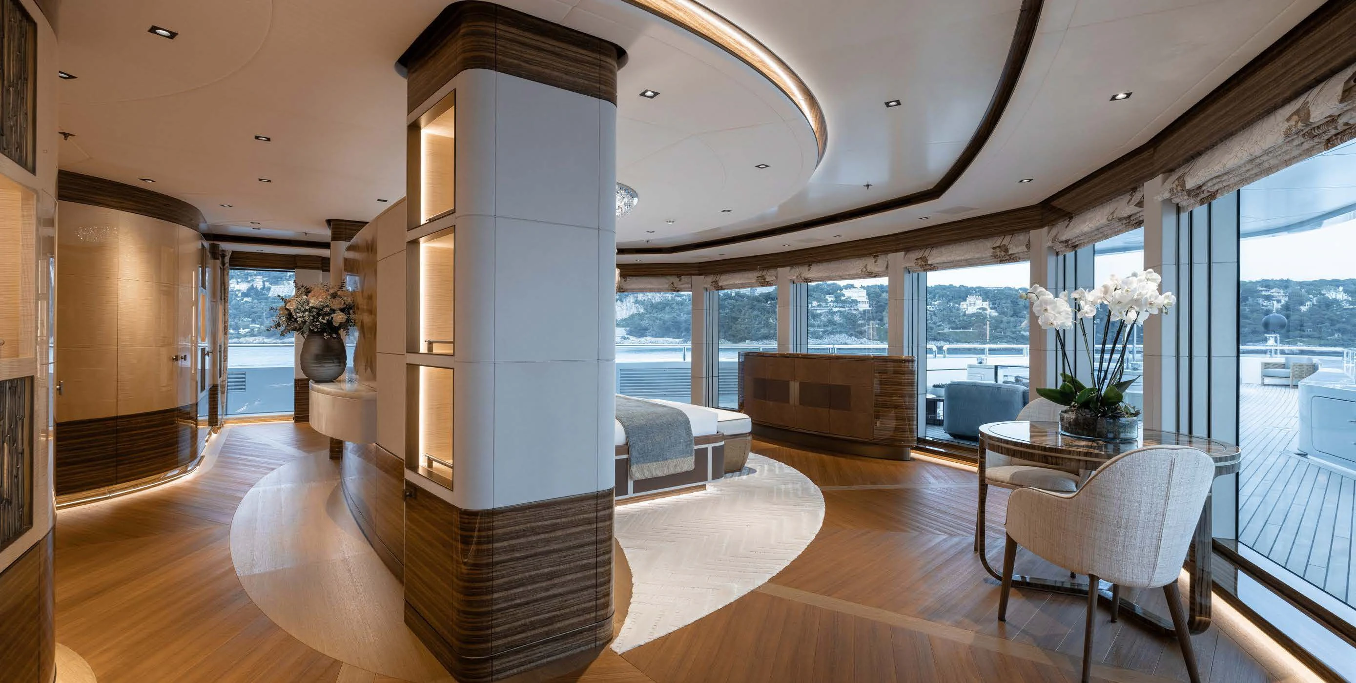 a large living room with a large glass door aboard ENERGY Yacht for Sale
